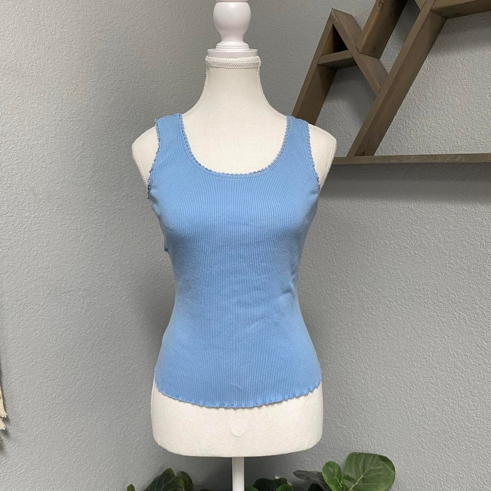 LIZ CLAIBORNE BLUE RIBBED SLEEVELESS TANK TOP COTTAGECORE BOHO MINIMALIST CASUAL